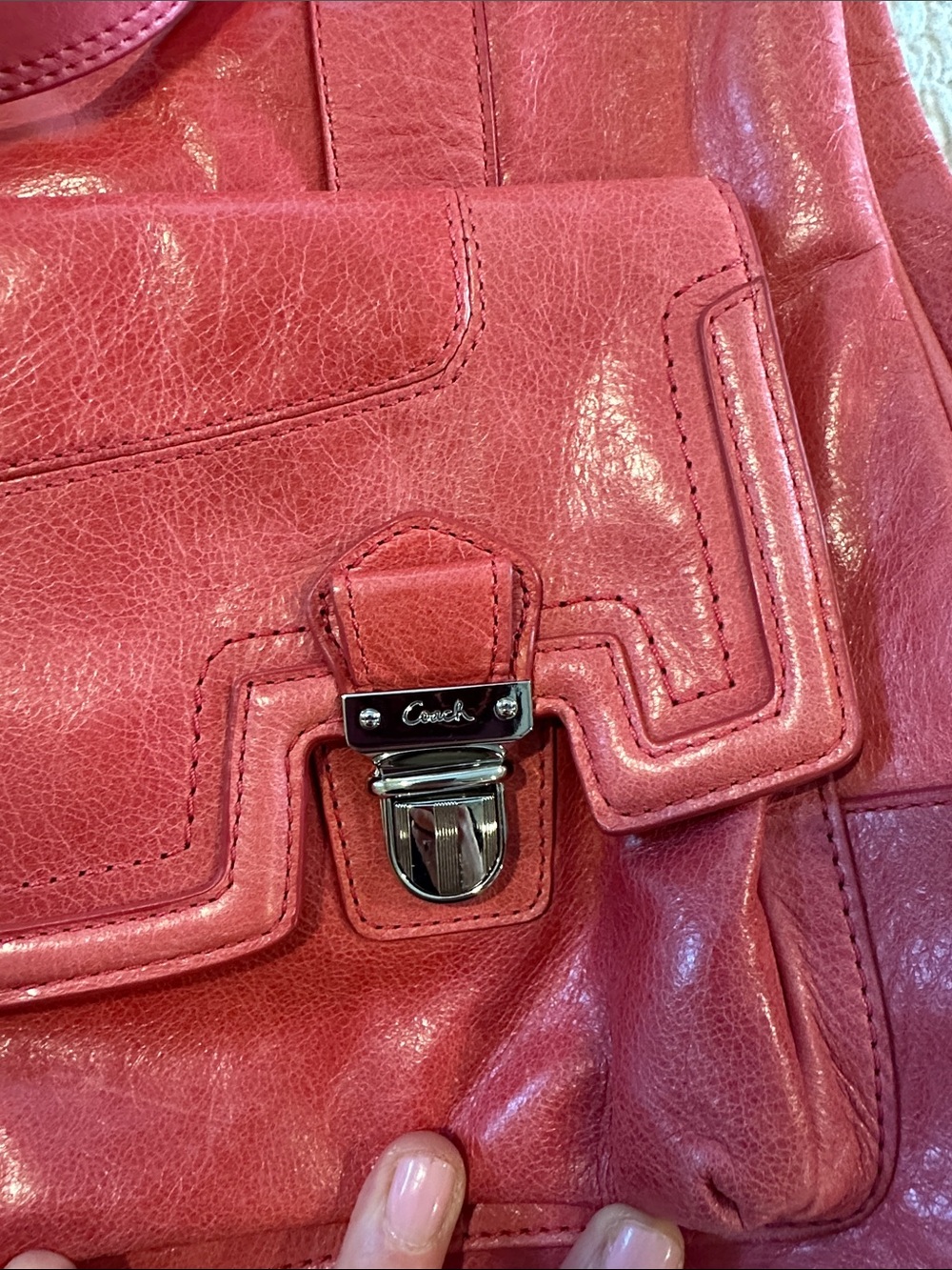 Coach Tote. Coral pink leather with Front Flap Pocket and Silver Hardware - Picture 7 of 13
